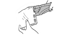 操作方法：ハンドレバーを握って袋の端をヒーター先端部で挟むの解説イラスト