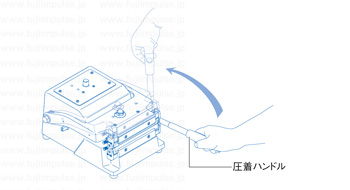 操作方法：「加熱冷却ランプが消灯したらハンドルを引くのをやめ、シール終了」の解説イラスト